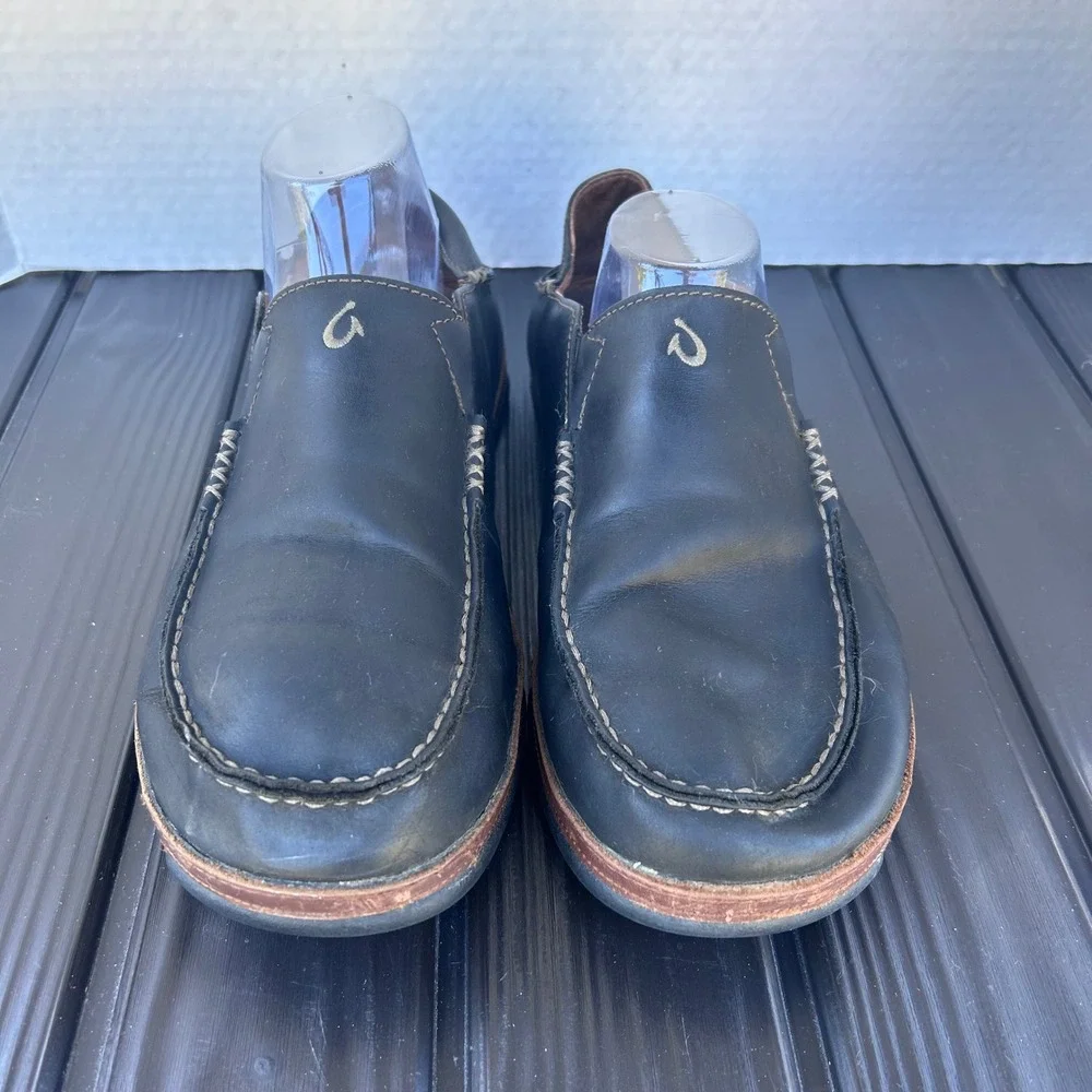 Olukai Moloa‎ Men's Black Leather Loafers Boat Shoes Size 10.5 Slip on's